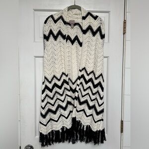 Chico's Black and White Chevron Open Front Long Sweater